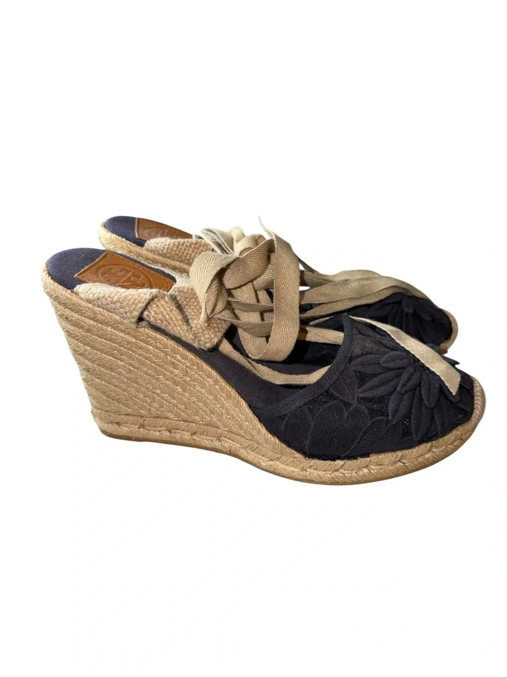 Tory Burch Black Floral Appliqué Espadrille Wedges with Natural Ties